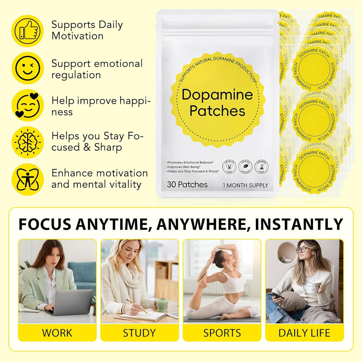 Dopamine Patches | 30PCS Mood Boost & Positivity Support | Vegan Mood Support Patches for Daily Mental Wellness, Plant-Based Formula, Supports Dopamine & Serotonin Balance